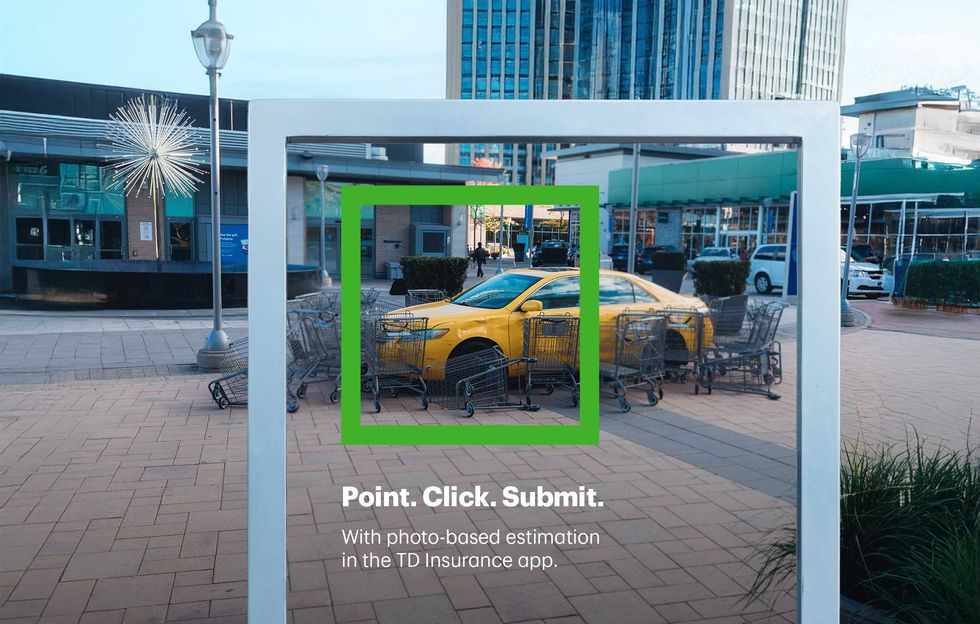 A yellow car is surrounded on all sides by shopping carts. It's framed by a sign that reads "Point. Click. Submit. With photo-based estimation in the TD Insurance app.