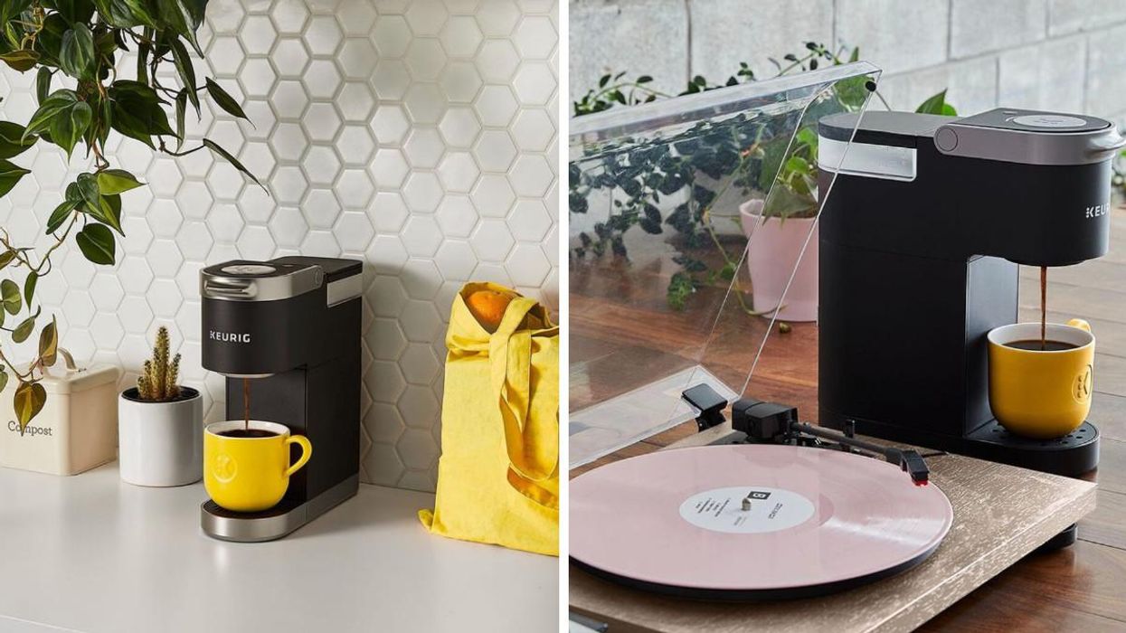 A yellow cup of coffee getting filled by the Keurig machine on a counter. Right: A record player beside a Keurig machine filling a cup of coffee.