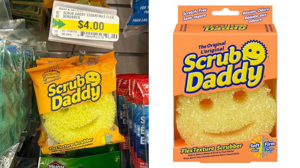 A yellow dish sponge in the shape of a happy face hanging on a store shelf. Right: A yellow dish sponge in the shape of a happy face.