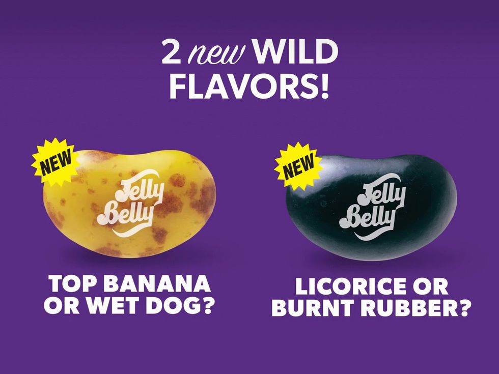 A yellow jelly bean with brown splotches on the left, above the text: "top banana or wet dog?," and a black jelly bean on the right above "licorice or burnt rubber?"