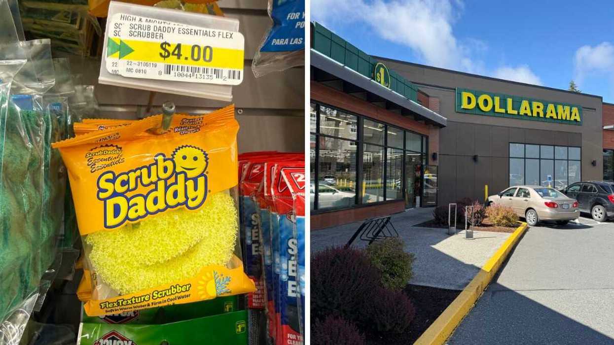 A yellow Scrub Daddy scrubber in a store. Right: A store with a green and yellow sign above it that reads Dollarama.