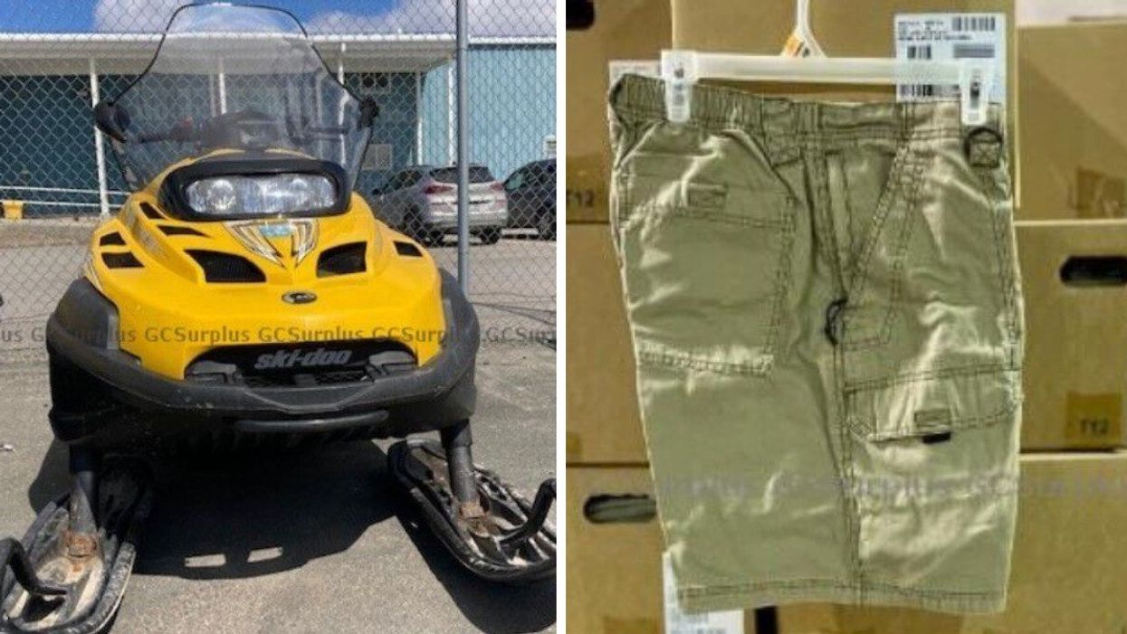 A yellow Ski-Doo. Right: A pair of Wrangler shorts.