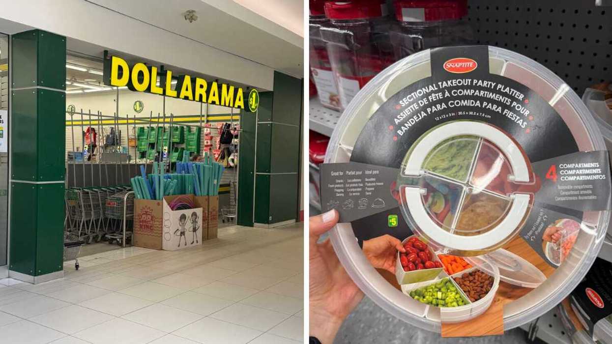 A yellow store sign that says Dollarama. Right: A four-sectionary takeout party planner.