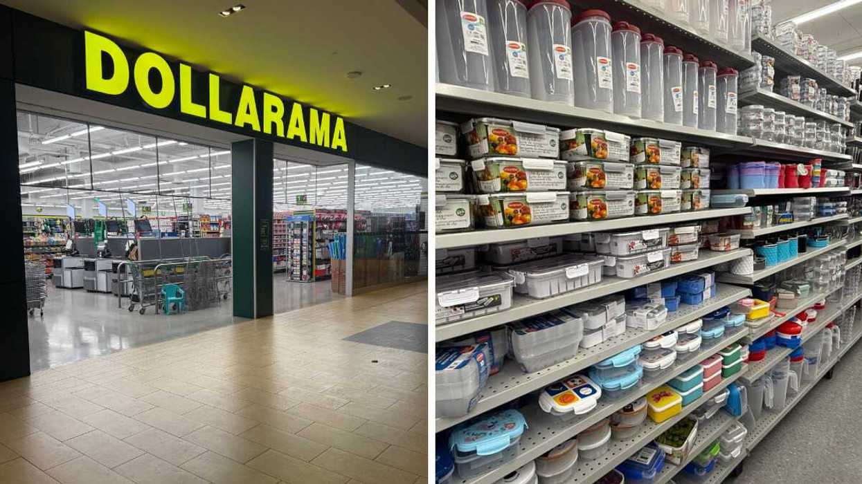 A yellow store sign that says Dollarama. Right: A store aisle filled with various tupperware containers.