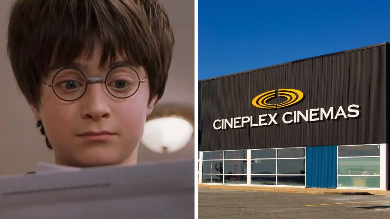 A young Harry Potter reading a letter. Right: The exterior of a Cineplex.