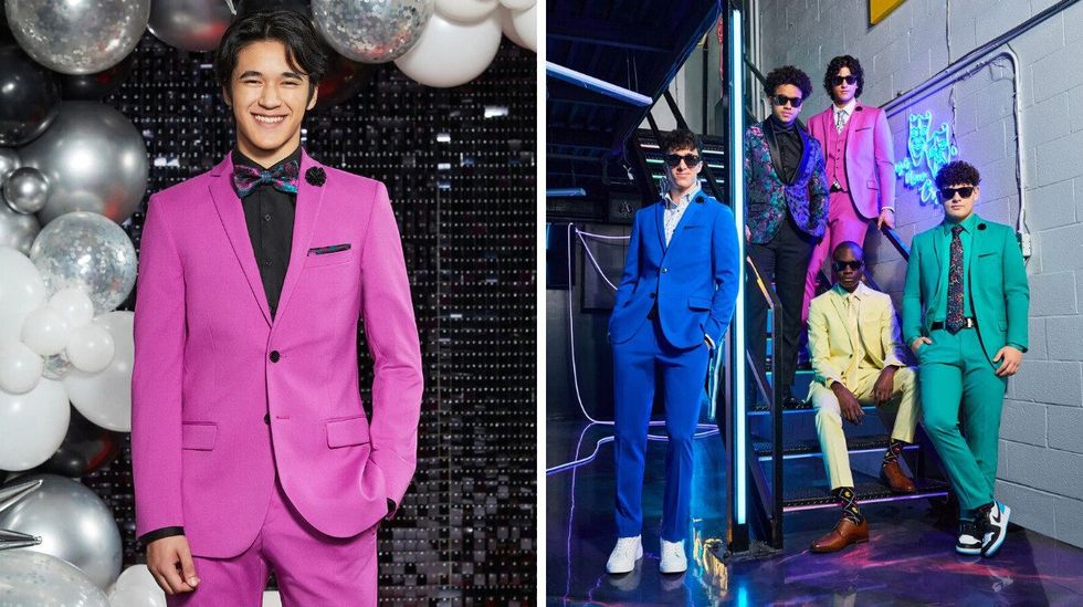 A young man modelling a pink suit jacket and pants over a black shirt: Right: Five young men on a staircase model different suits in bright colours.