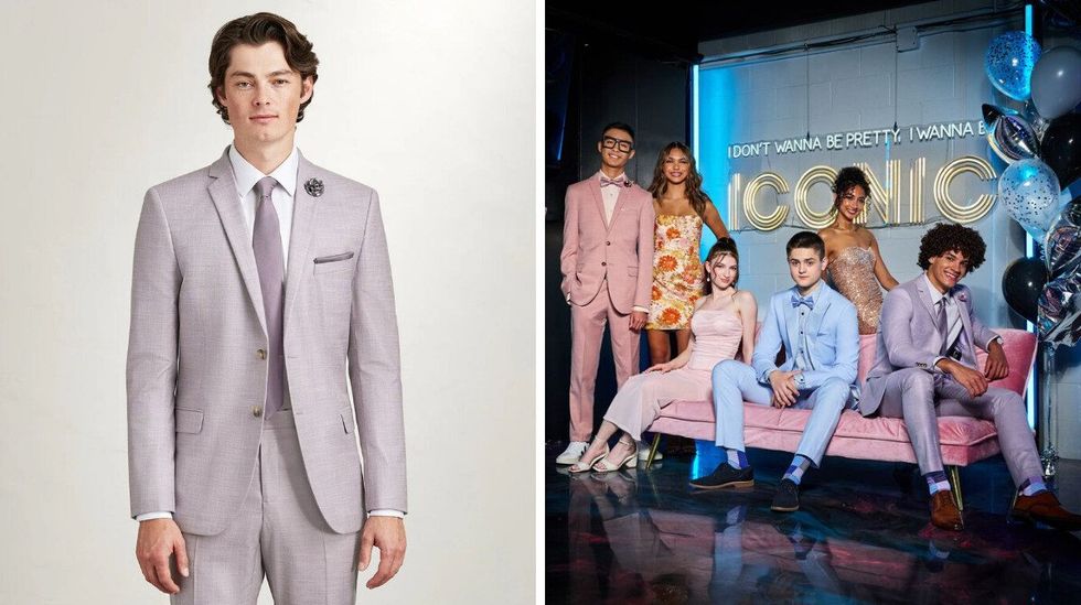 A young man models a lilac suit jacket, pants and tie with a white shirt. Right: Three young men and their prom dates model pastel pink, blue and purple suits.