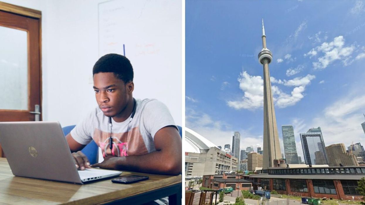A young man sitting at a laptop. Right: The CN Tower.
