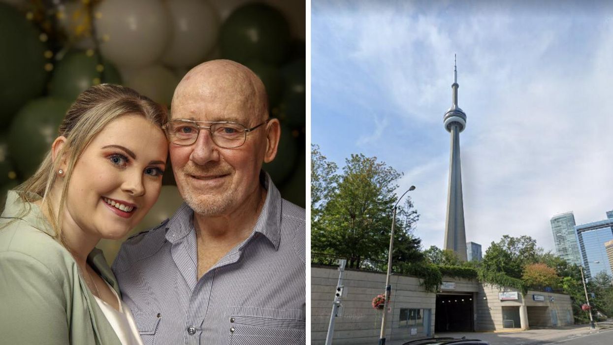 A young person and a senior being photographed. Right: Toronto's CN tower.