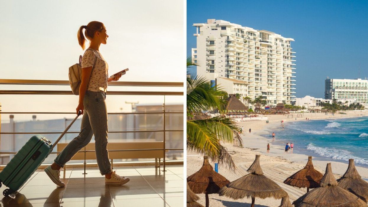 A young woman at the airport. Right: A hotel resort strip in Cancun, Mexico.
