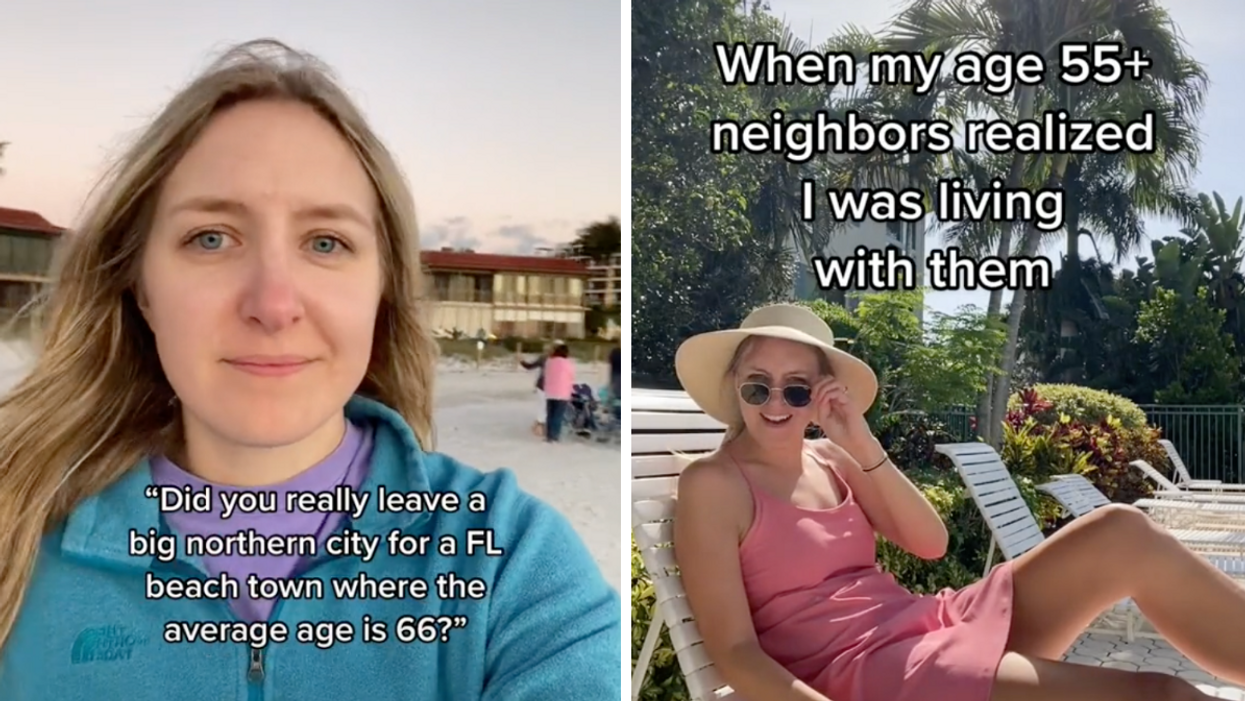 A young woman who lives with in a retirement home. Right: Young woman sitting on a chair poolside.