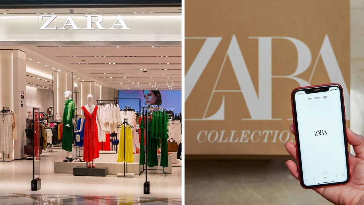 A Zara store. Right: A person uses the Zara app.