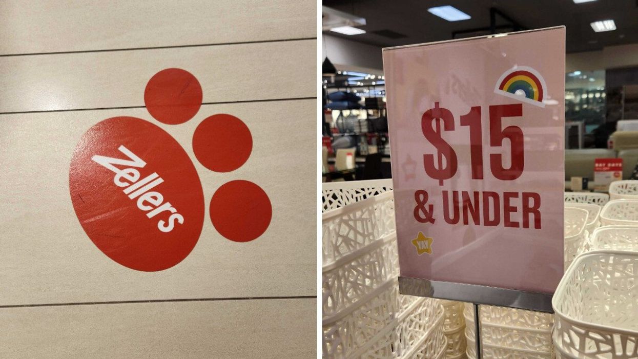 A Zellers decal. Right: A sign that says $15 and under.