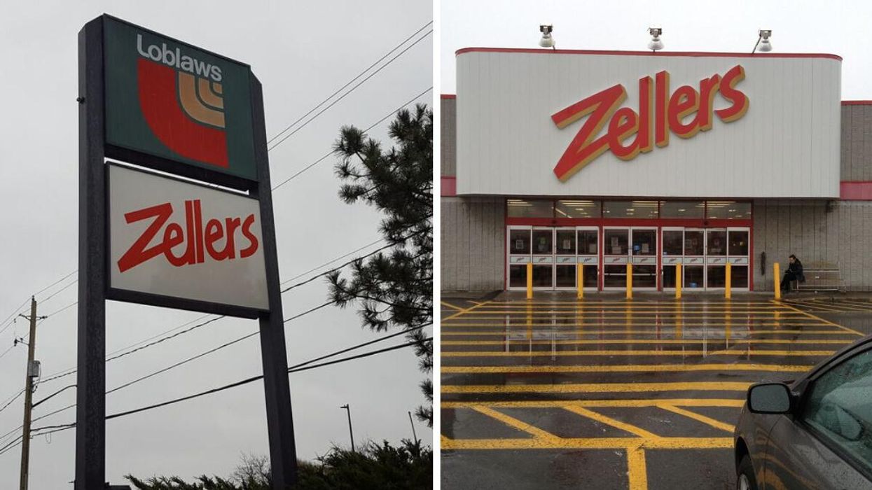 A Zellers sign. Right: The front of a Zellers store.