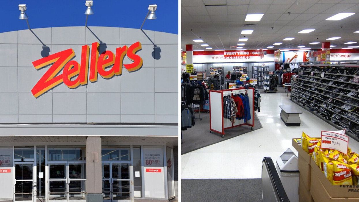 A Zellers sign. Right: The inside of a Zellers.