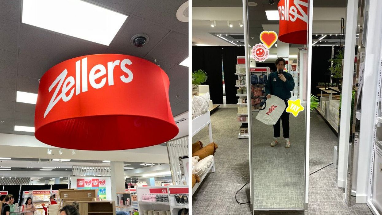 A Zellers sign. Right: Tristan in Zellers.