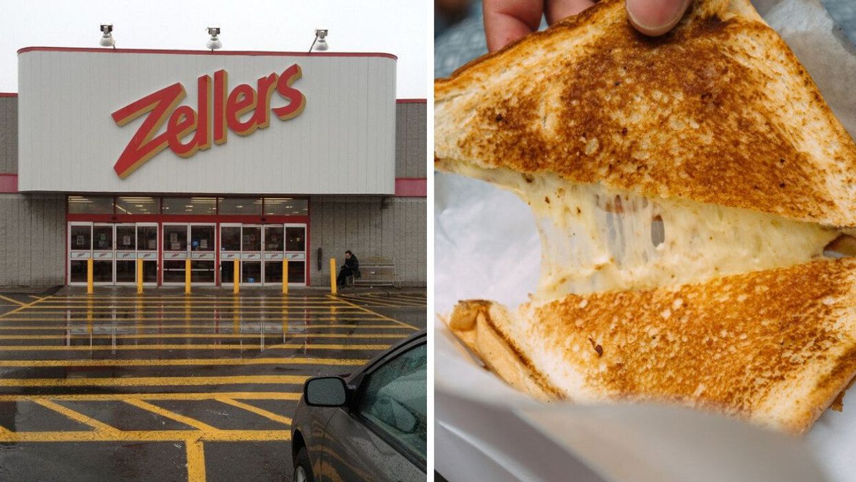 A Zellers store. Right: A grilled cheese sandwich.