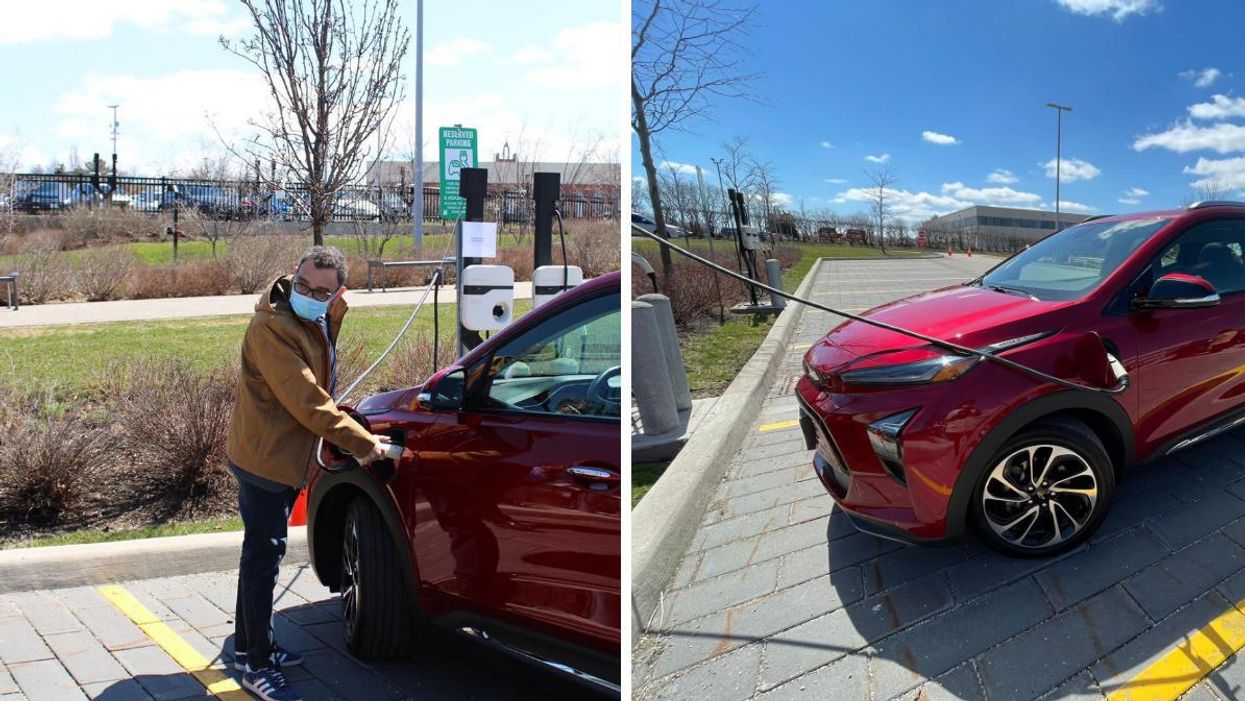 A zero-emission vehicle being plugged in by Transport Minister Omar Alghabra.
