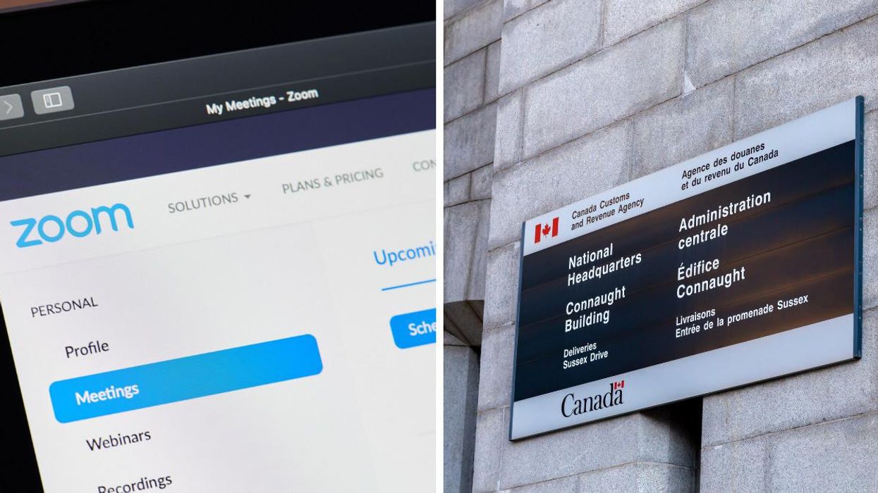 A Zoom meeting. Right: The Canada Revenue Agency Headquarters.