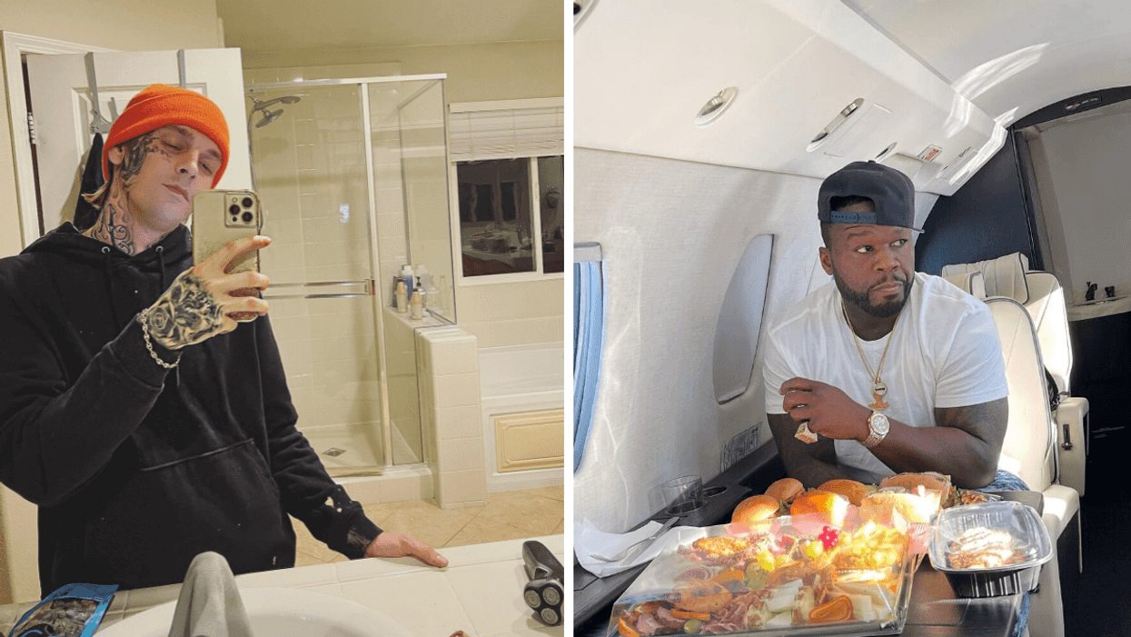 Aaron Carter taking a picture of himself. Right: 50 Cent on a private jet with food in front of him.