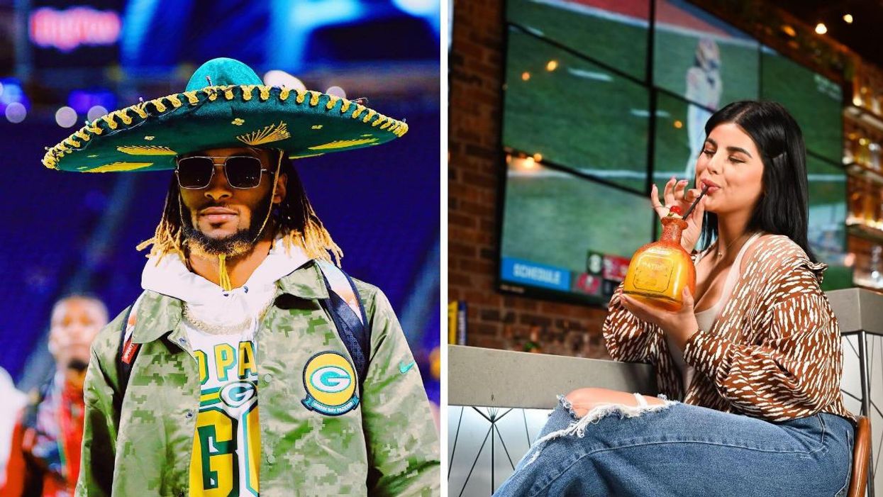 Aaron Jones wearing a sombrero and a Green Bay Packers outfit. Right: A woman having a drink at Showtyme Sports Grill.