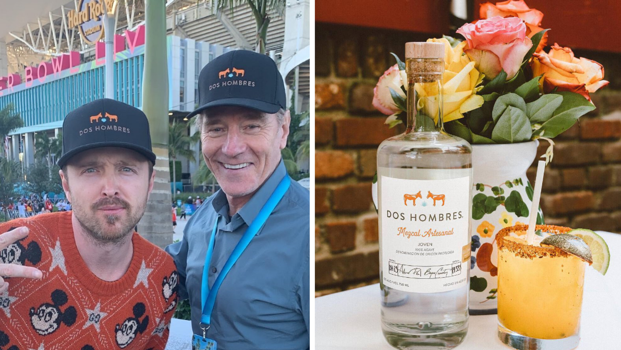 Aaron Paul and Bryan Cranston in Miami. Right: A bottle of Dos Hombres mezcal and a mixed drink.