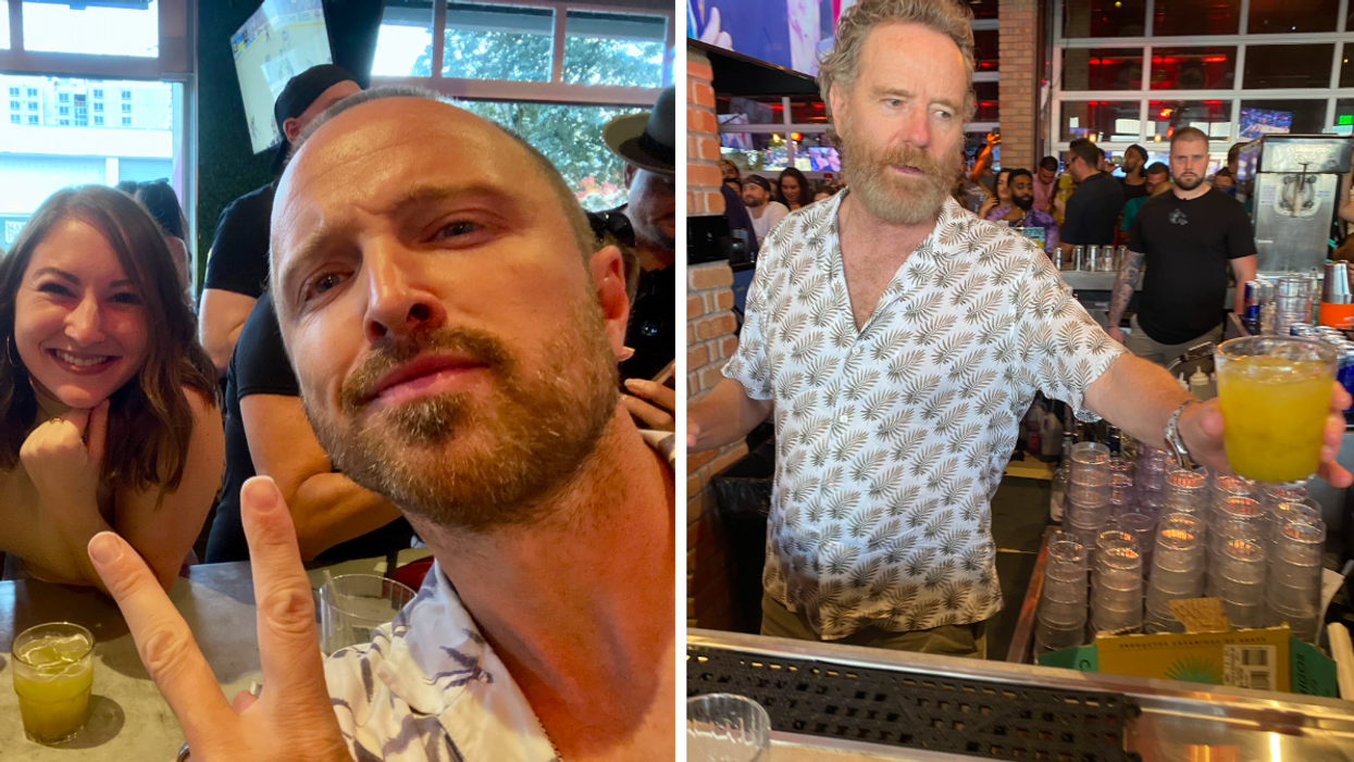 Aaron Paul from "Breaking Bad" doing a peace sign at the camera with Narcity's USA Associate Editor, Jenna Kelley. Right: Bryan Cranston from "Breaking Bad" serving drinks.