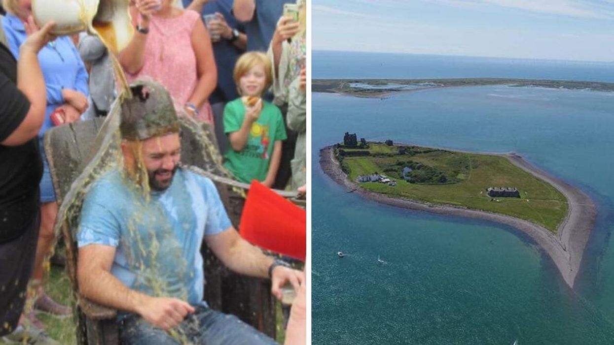 Aaron Sanderson during his coronation ceremony. Right: An aerial shot of Piel Island.
