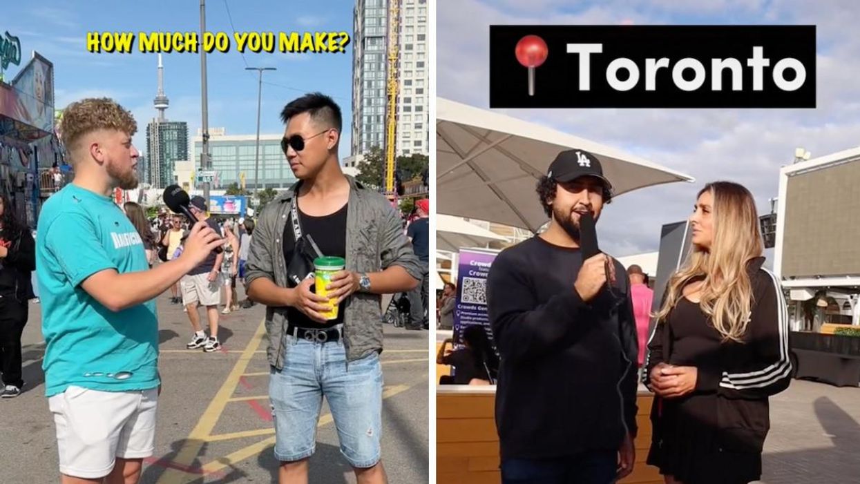 Aaron Vankampen and Mo Hameed asking people in Toronto how much money they make.