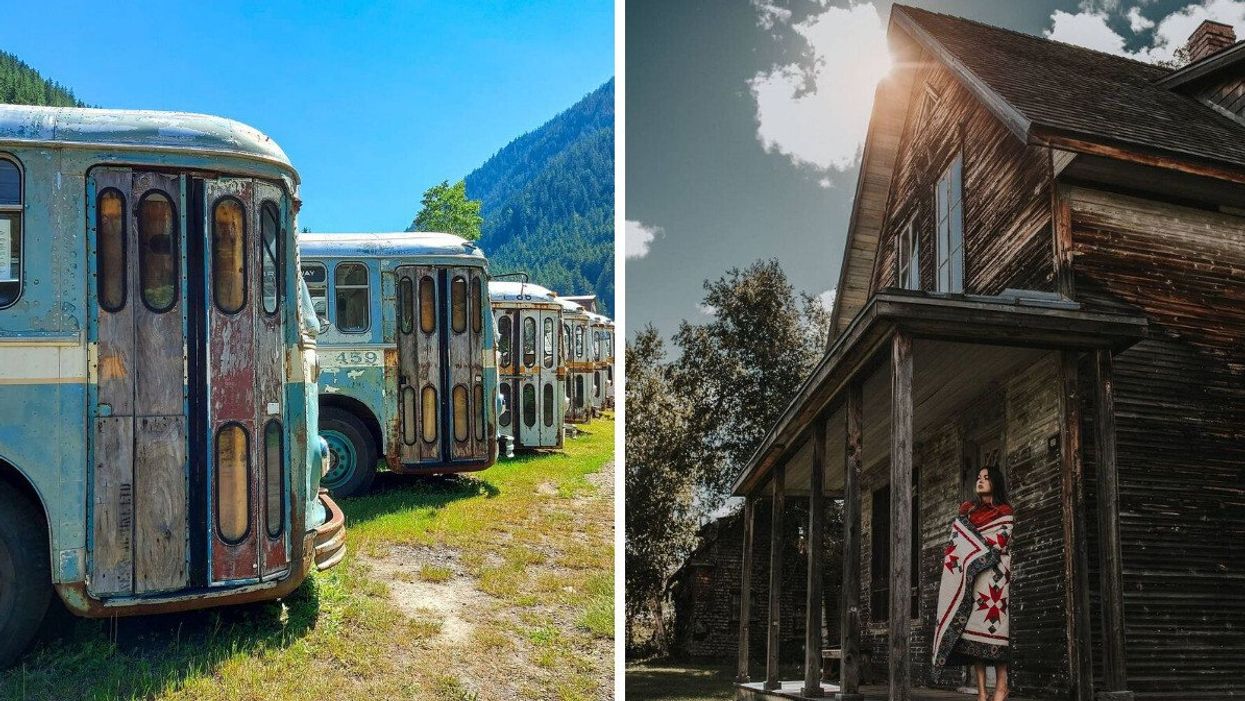Abandoned buses in Sandon, B.C. Right: A person stands at a house in Val-Jalbert, Quebec.