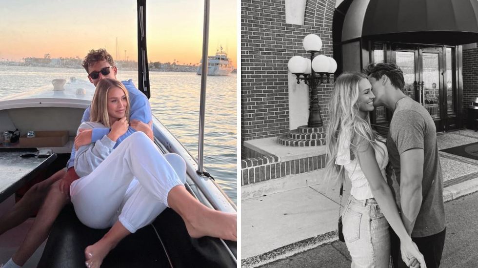 Abbey Gile and Dax Milne on a boat at sunset. Right: Abbey Gile and Dax Milne holding hands and smiling.