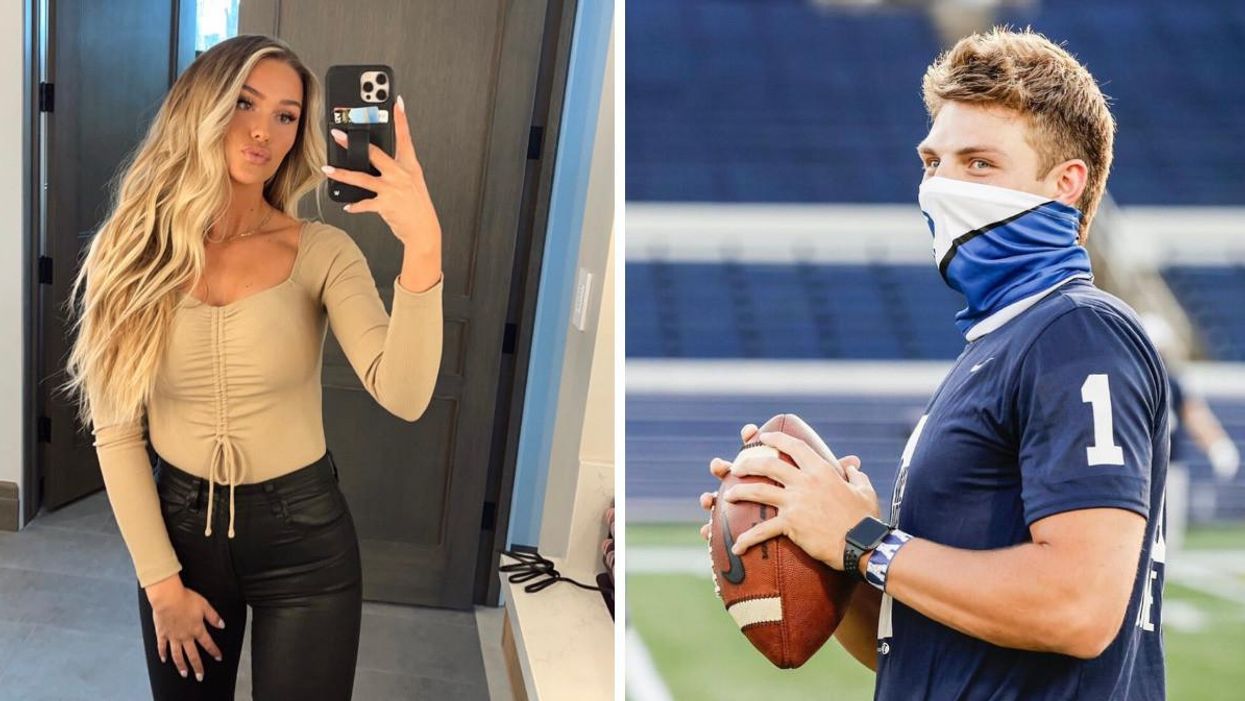 Abbey Gile poses for a mirror selfie. Right: Zach Wilson holding a football. 