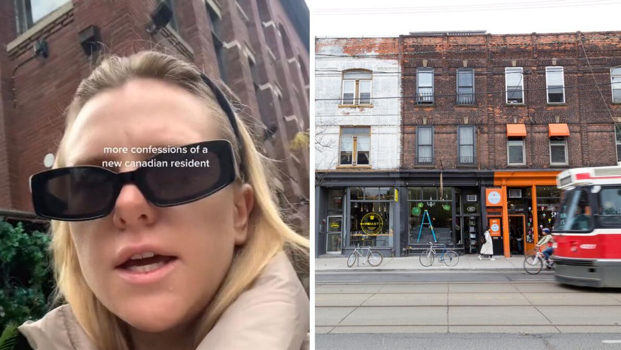 Abbey Sadleir walking down the street. Right: A street in Toronto, Ontario.
