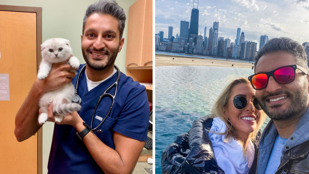 Abhishek 'Shake' Chatterjee as a veternarian. Right: Shake and his girlfriend Emily Wilson in Chicago.