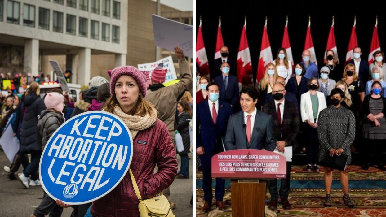 Abortion-rights protesters in Washington, D.C. Right: Justin Trudeau standing in front of Liberal MPs.
