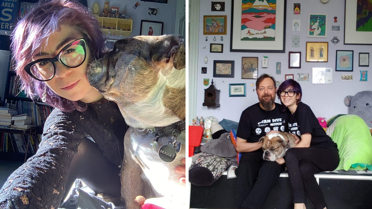 Abra Shiner with her dog. Right: Abra Shiner with her husband.