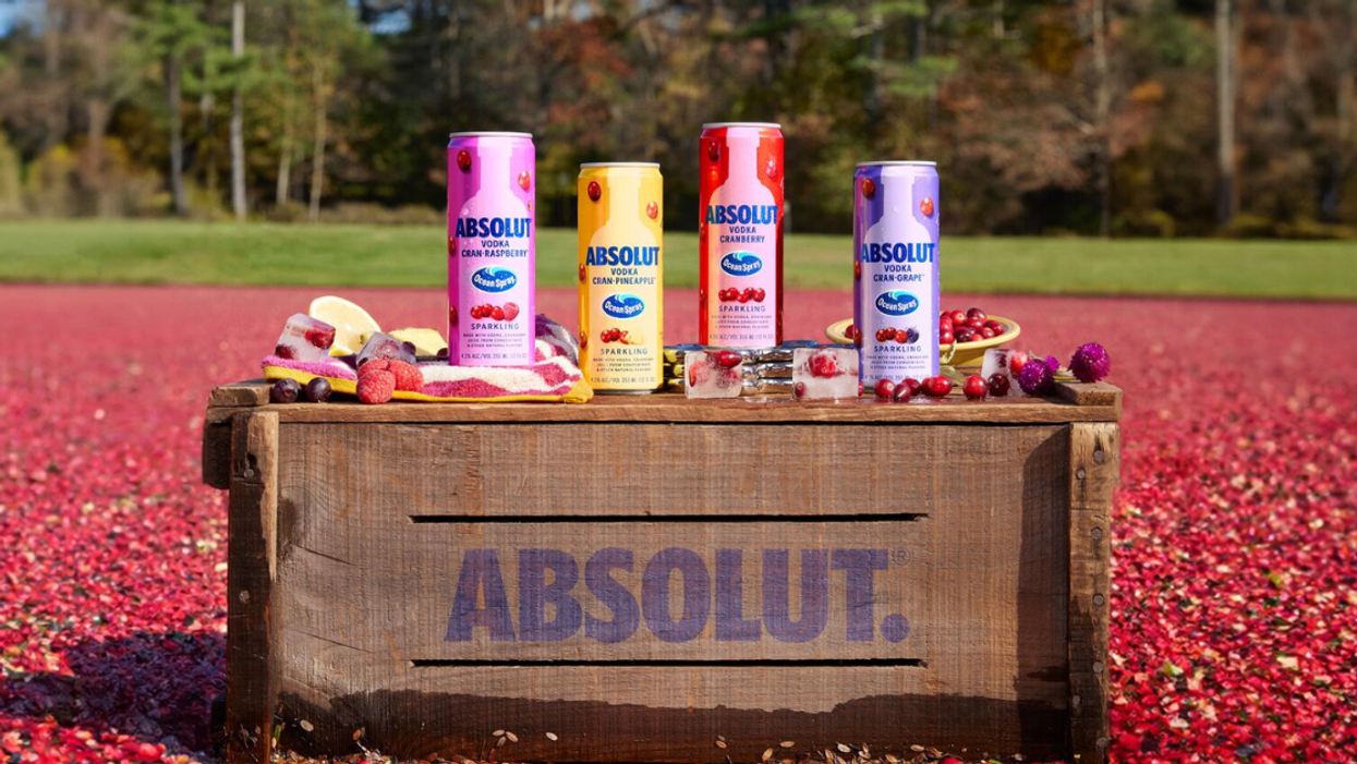 Absolut + Ocean Spray cans arrange on a crate in a cranberry bog.