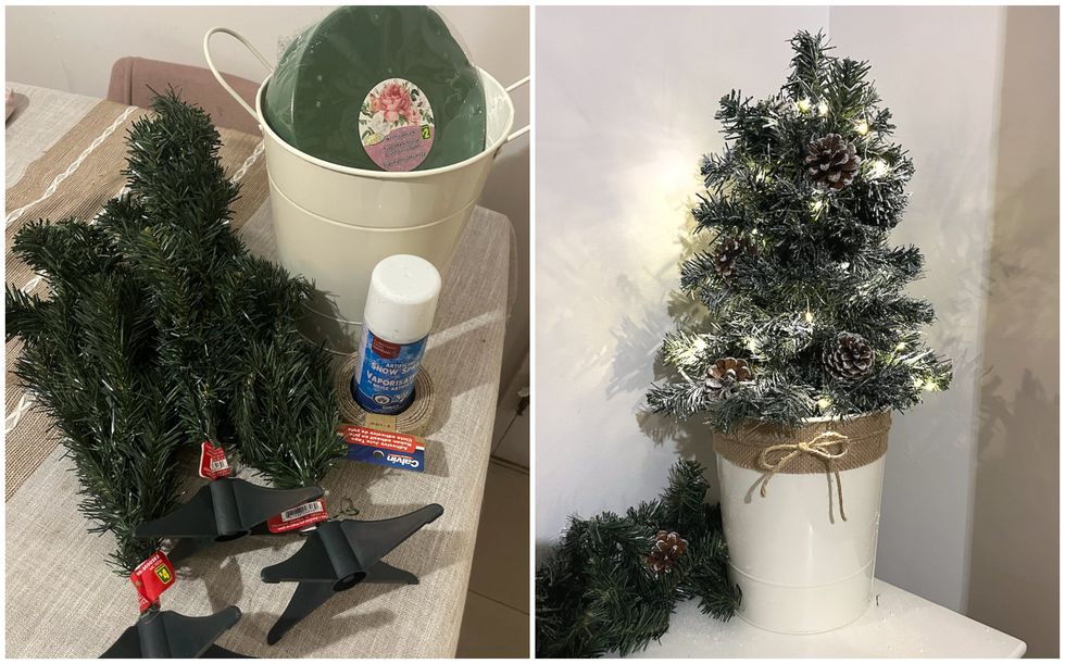 Accessoires du Dollarama utilis\u00e9s pour cr\u00e9er le sapin. Droite : Sapin fait \u00e0 la main orn\u00e9 de lumi\u00e8res et cocottes dans un sceau blanc.