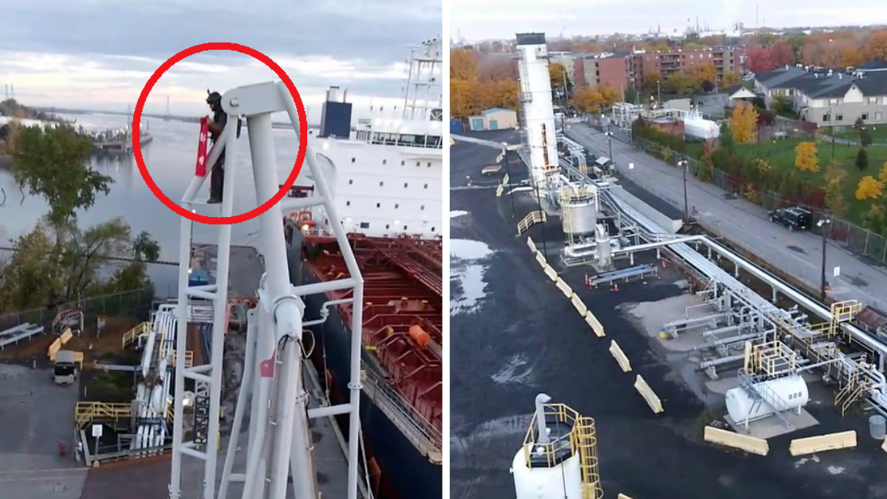 Activiste du Collectif Antigone. Droite : Terminal Valero à Montréal.