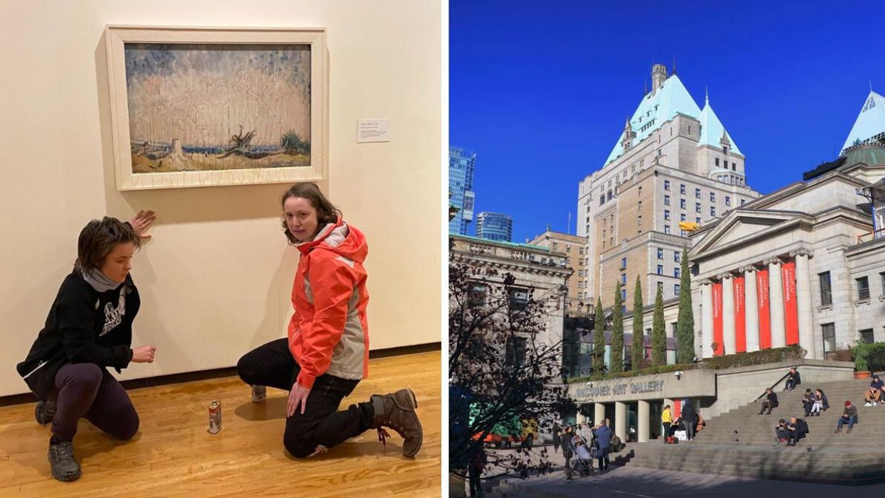 Activists at Stumps and Sky. Right: The Vancouver Art Gallery.