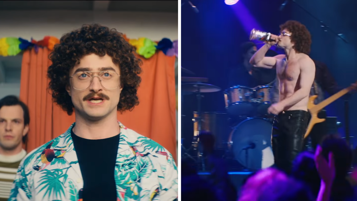 Actor Daniel Radcliffe as Weird Al Yankovic, wearing big glasses and colourful clothing. Right: Daniel Radcliffe with leather pants drinking on stage while shirtless.