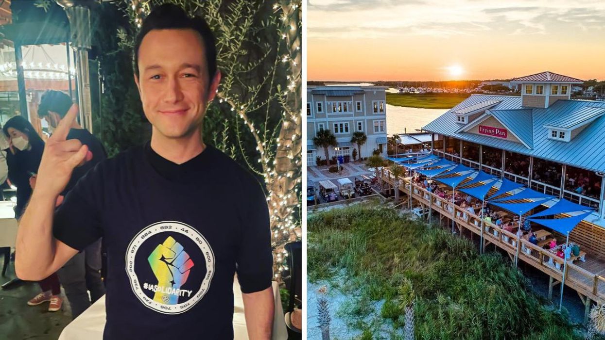 Actor Joseph Gordon-Levitt puts up a rock and roll hand gesture. Right: Frying Pan restaurant on the beach at Southport, North Carolina.