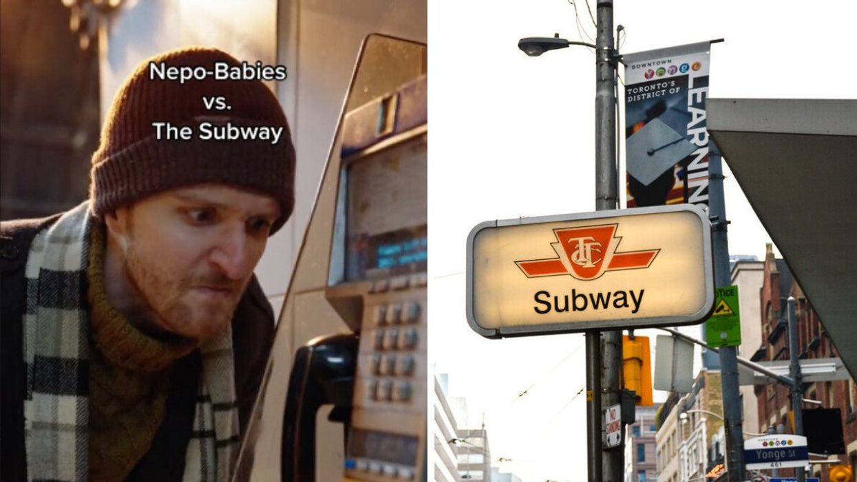 Actor playing nepo baby seen on TTC. Right: TTC subway sign.