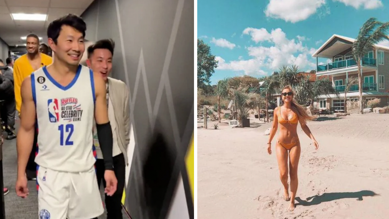 Actor Simu Liu at the NBA All-Star Celebrity Game. Right: Woman in a bikini walking on a sandy beach.