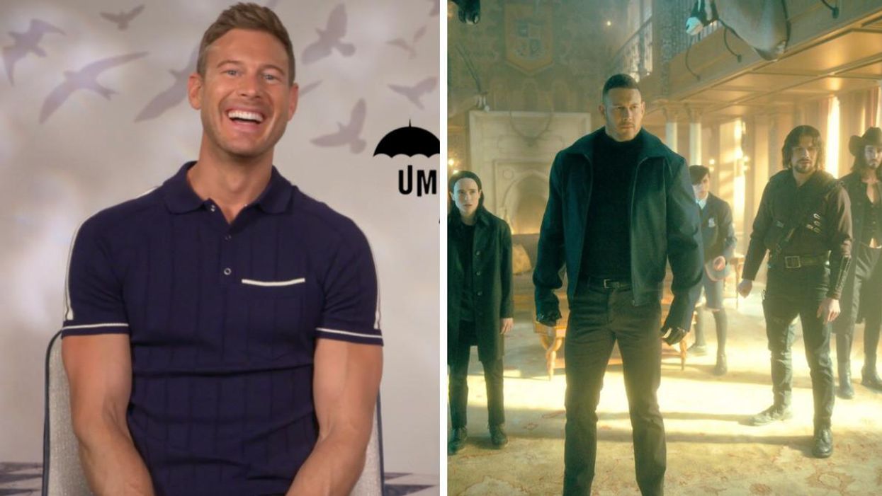 Actor Tom Hopper. Right: Scene from 'The Umbrella Academy'.