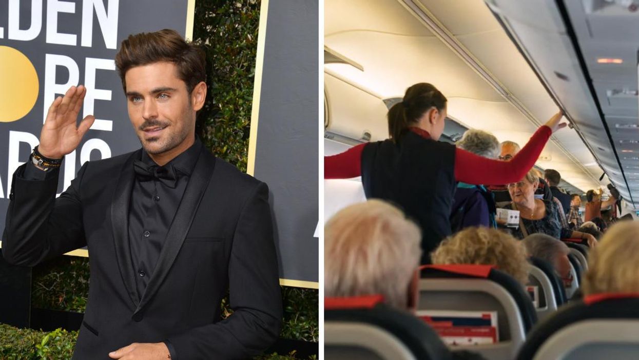 Actor Zac Efron waving somewhat awkwardly. Right: Passengers aboard a commercial flight.