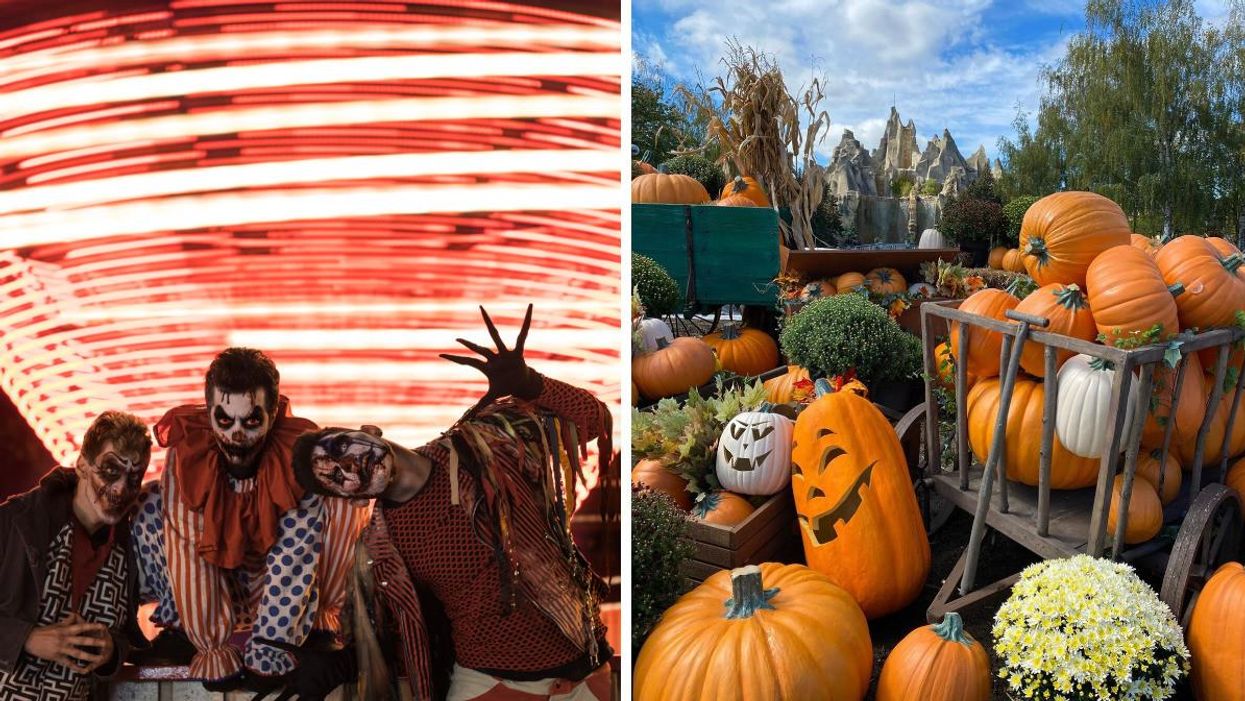 Actors at Halloween Haunt. Right: Canada's Wonderland with pumpkin decor.