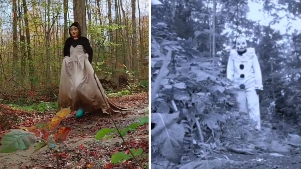 Actors in spooky costumes in a forest.