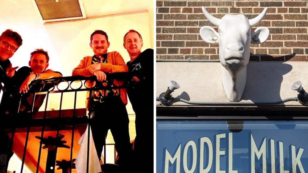 Actors Sean Astin, Dominic Monaghan, Elijah Wood and Billy Boyd posing on a balcony. Right: A bull sculpture outside of Model Milk.