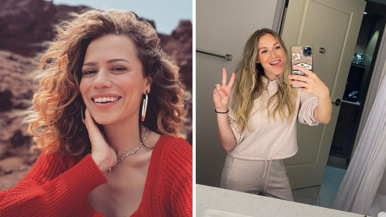 Actress Bethany Joy Lenz in a red sweater in Greece. Right: Actress Alexa PenaVega in a sweater takes a mirror selfie.